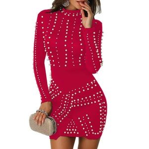 Red Pearl Embellished Bodycon Dress